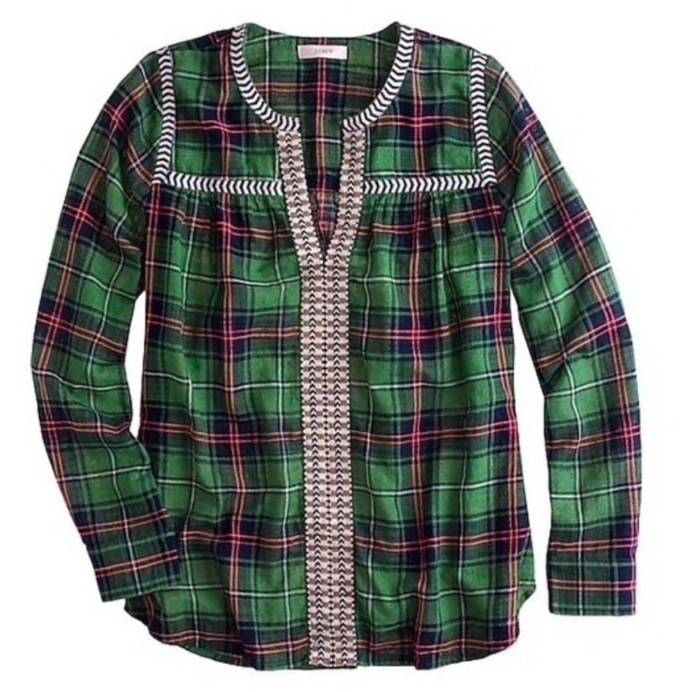 J.Crew Collection Embroidered Green Plaid Long Sleeve
